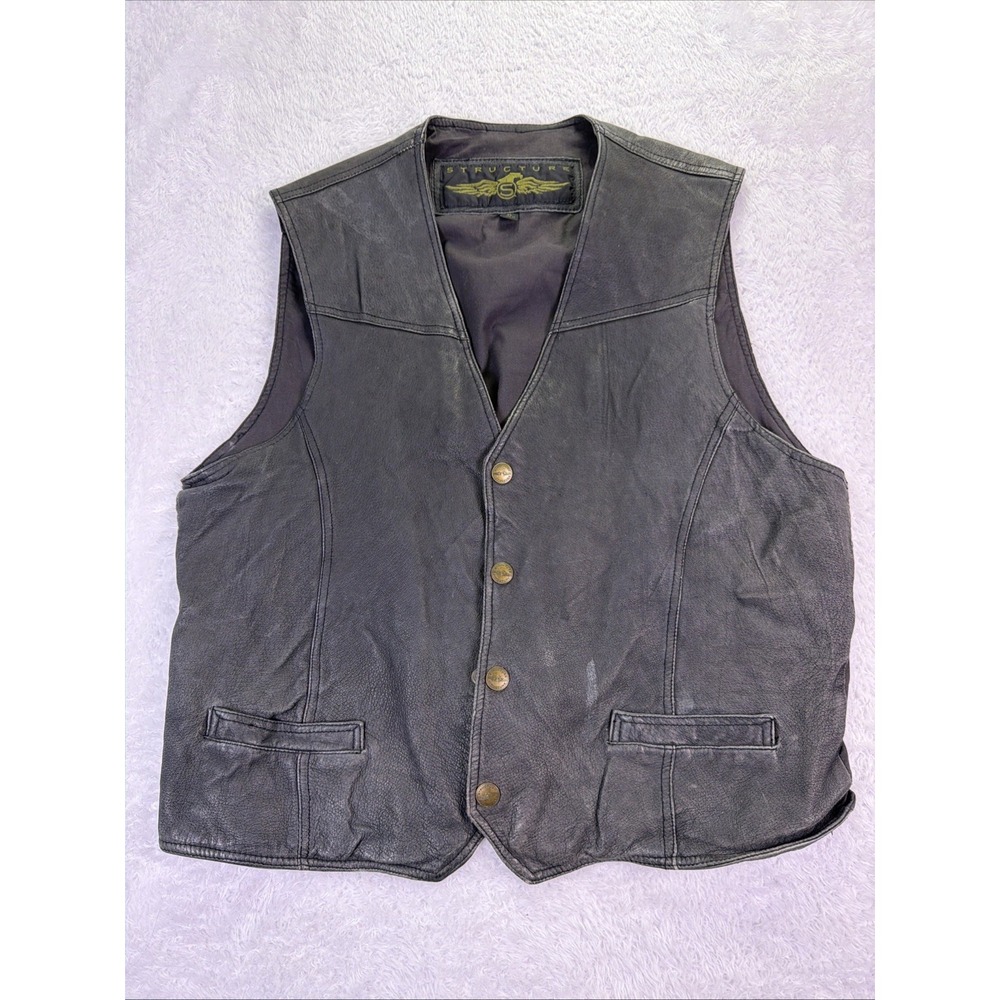 Y2K Structure Vintage Leather Vest Womens XL Vintage Biker Casual Distressed